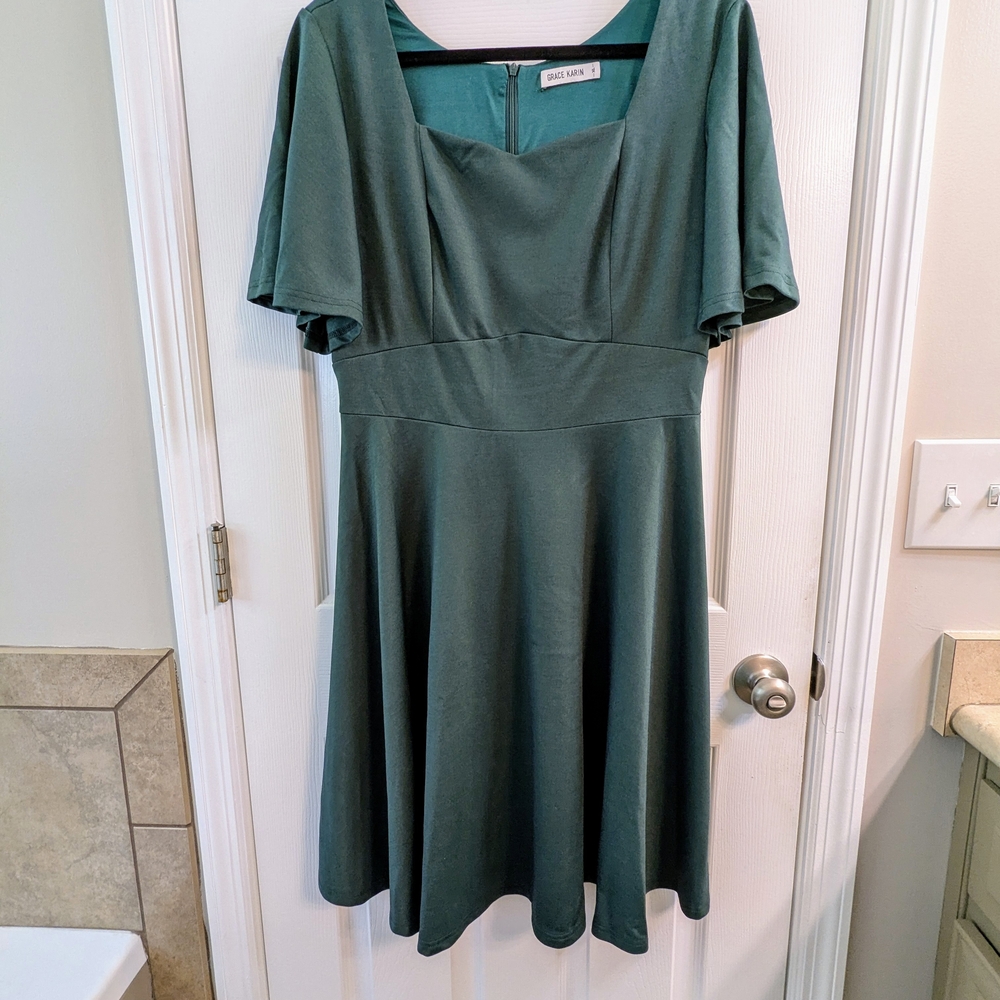 Grace Karin Green Flutter Sleeve Fit and Flare Midi Dress